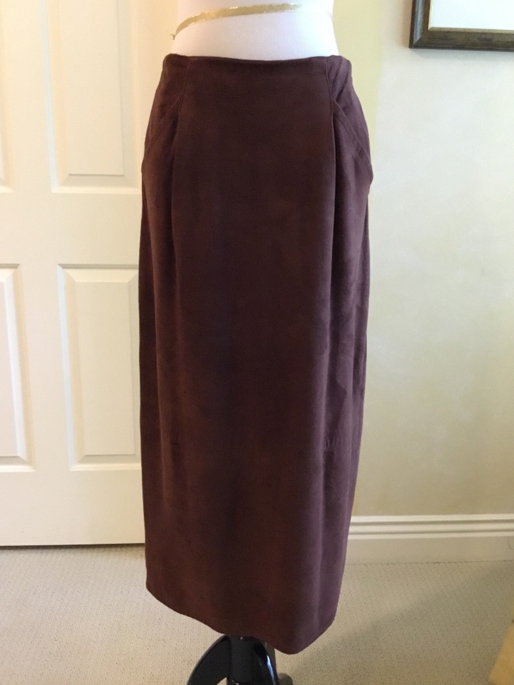 Verte Vintage Brown Faux Suede Midi Pencil Skirt